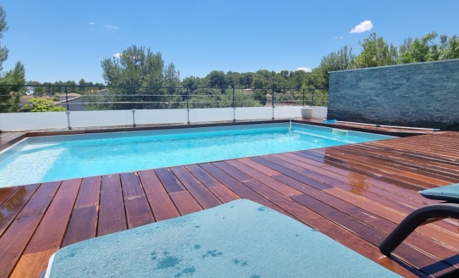 Suite de la pose de notre terrasse en bois en Itauba Sur la commune de Saint-Bauzille-de-Montmel , Saint-Clément-de-Rivière, RJ Aménagements Extérieurs